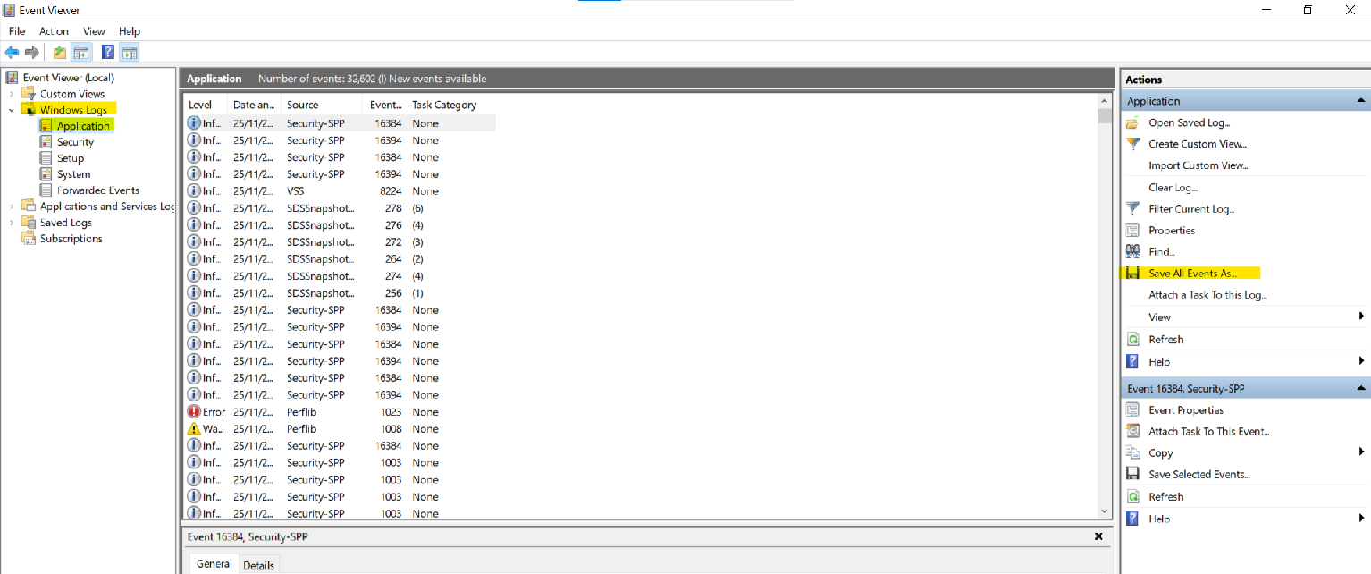 Accessing event viewer logs catapult support